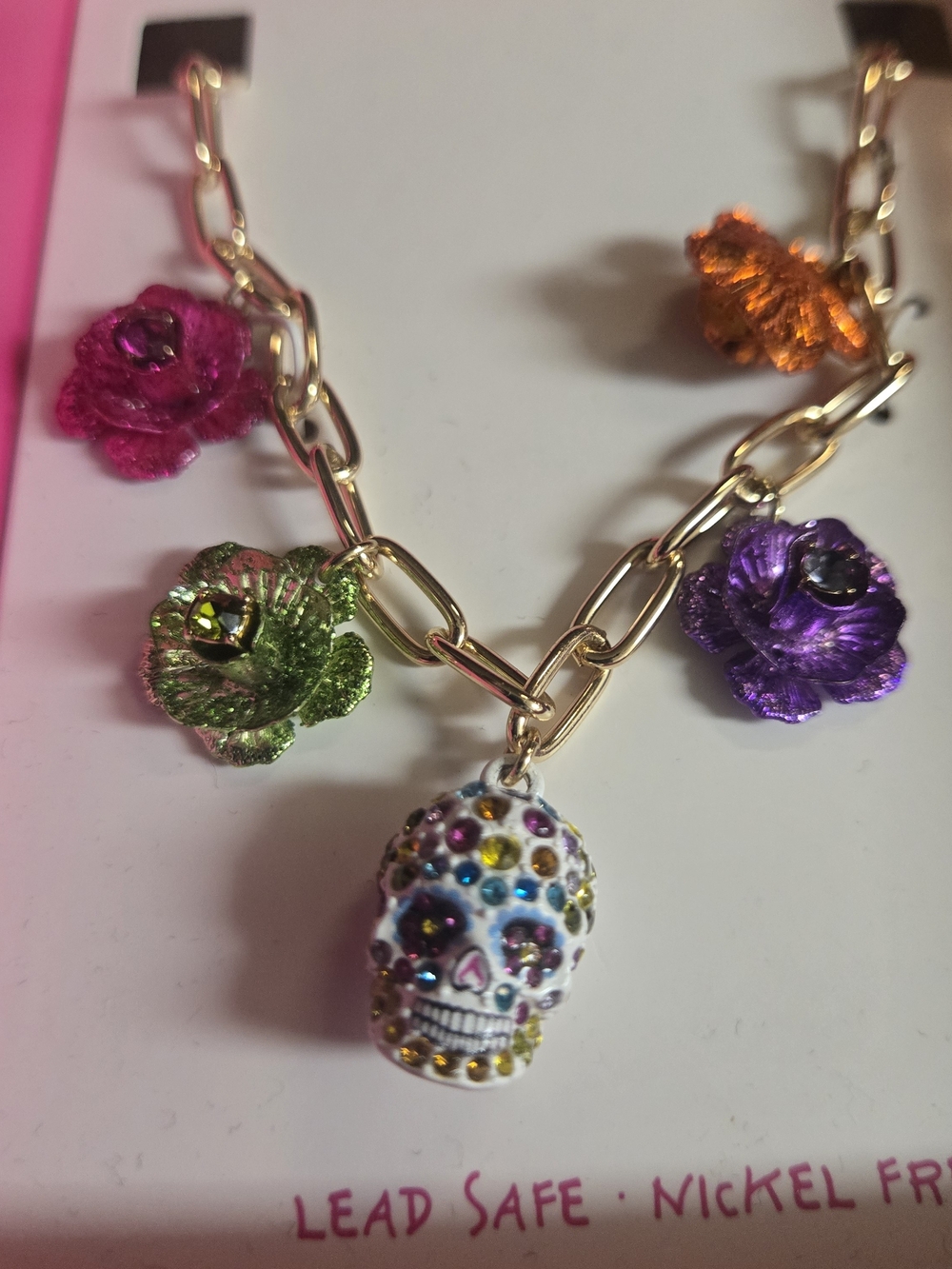 Betsey Johnson Multicolor Floral & Skull Charm Necklace - Gold Chain - Picture 2 of 3